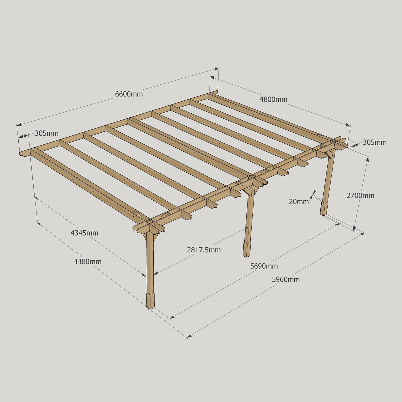 Wall Mounted Double Premium Pergola - Rustic Brown - 4.8m Depth x 6.6m Length - image 12