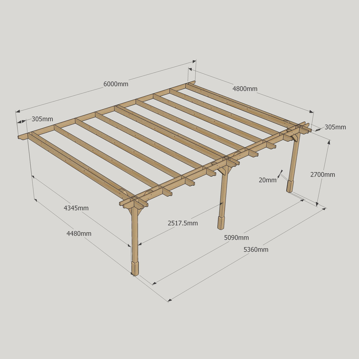 Wall Mounted Double Premium Pergola - Rustic Brown - 4.8m Depth x 6m Length - image 12