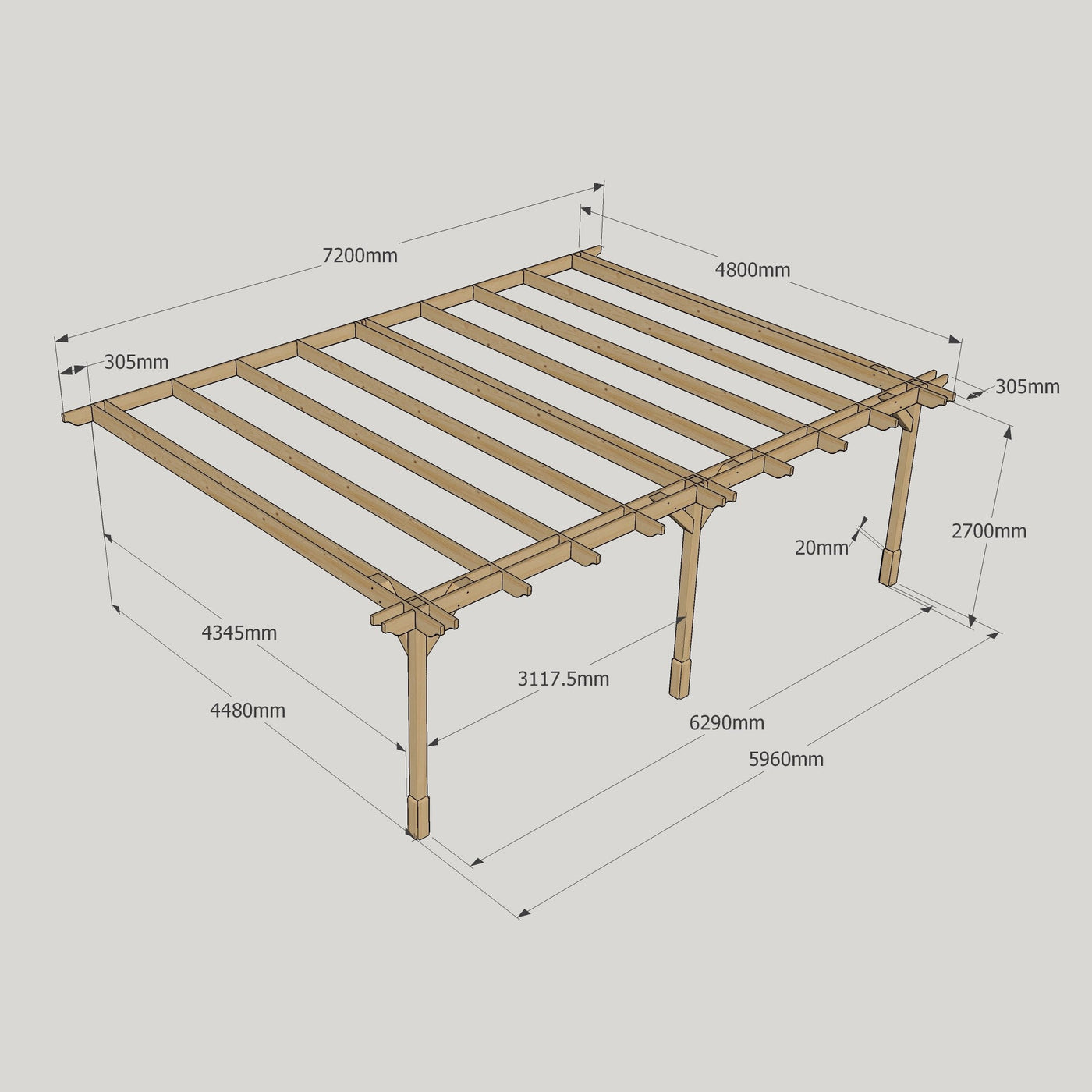 Wall Mounted Double Premium Pergola - Rustic Brown - 4.8m Depth x 7.2m Length - image 12