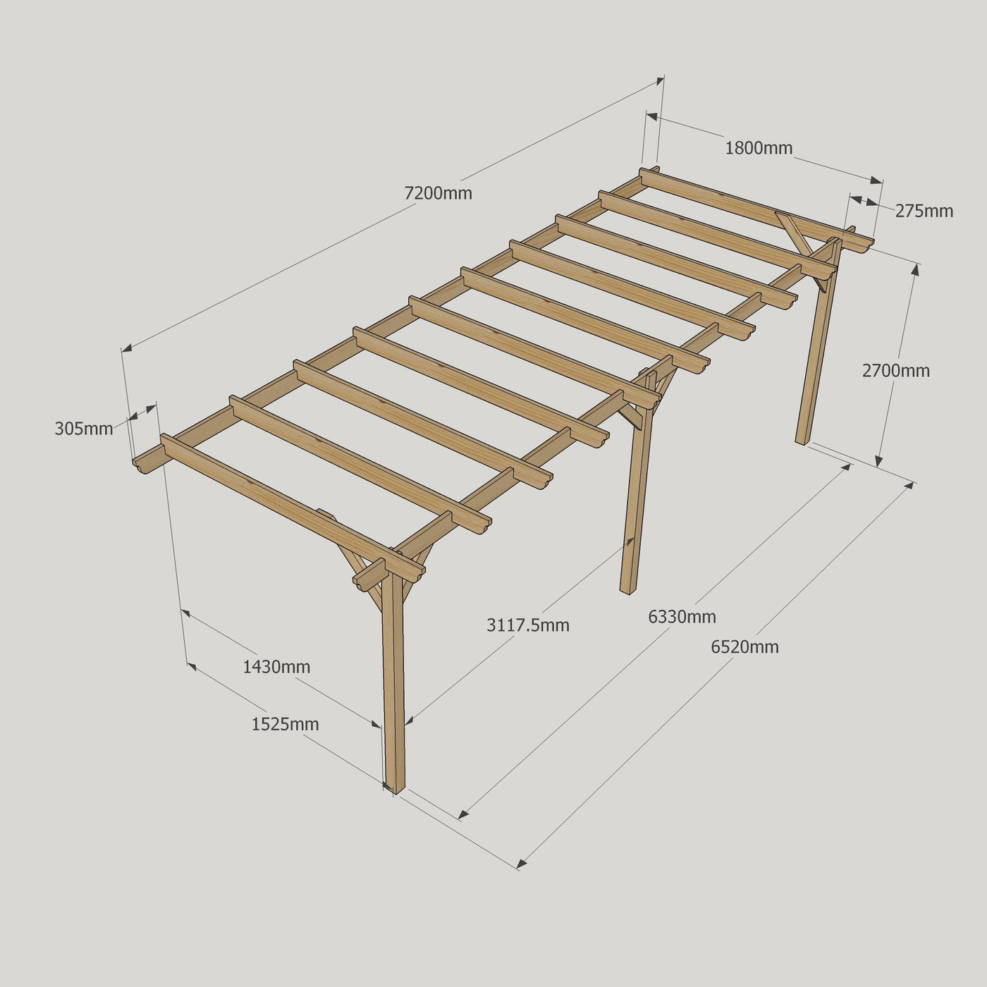 Wall Mounted Garden Pergola - Rustic Brown - 1.8m Depth x 7.2m Length - image 12