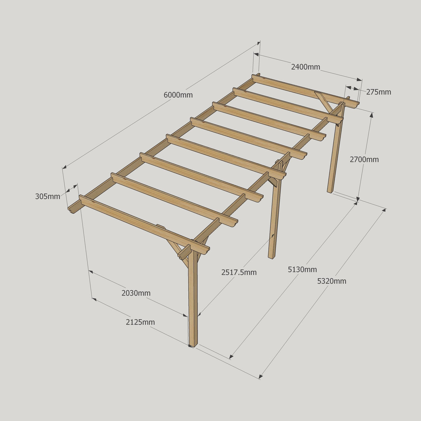 Wall Mounted Garden Pergola - Rustic Brown - 2.4m Depth x 6m Length - image 12