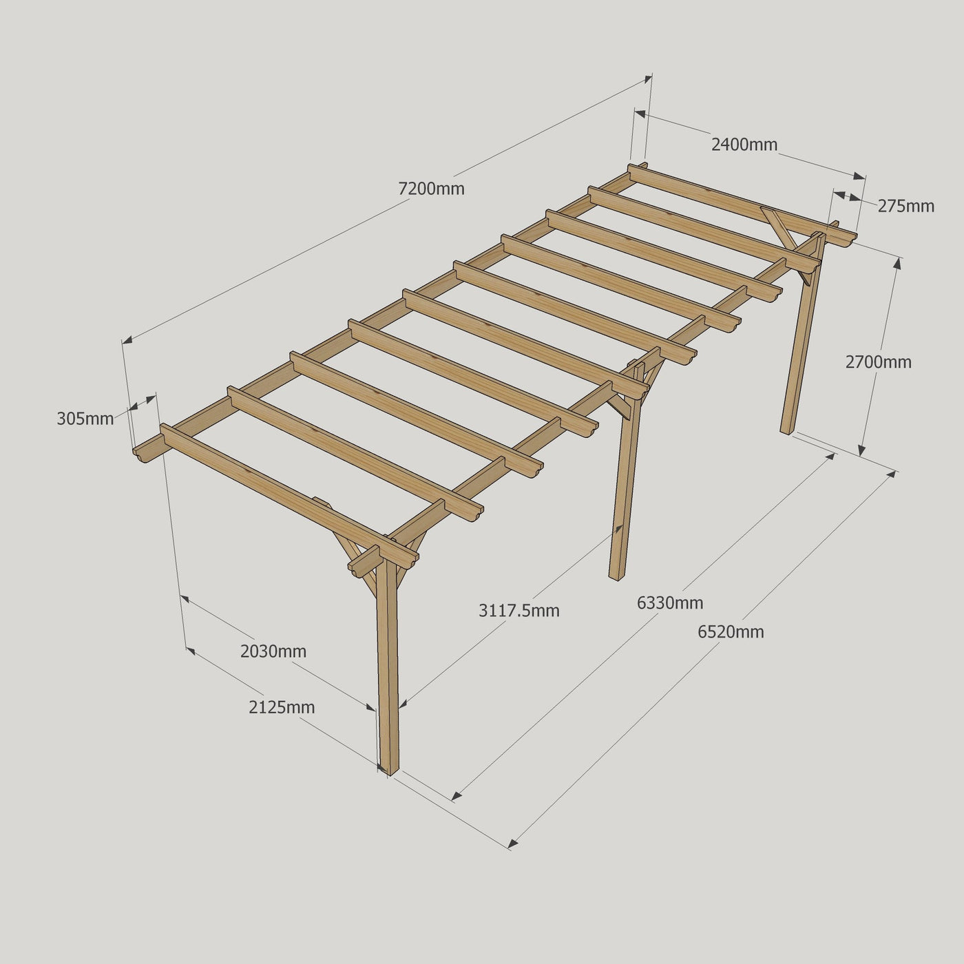 Wall Mounted Garden Pergola - Rustic Brown - 2.4m Depth x 7.2m Length - image 12
