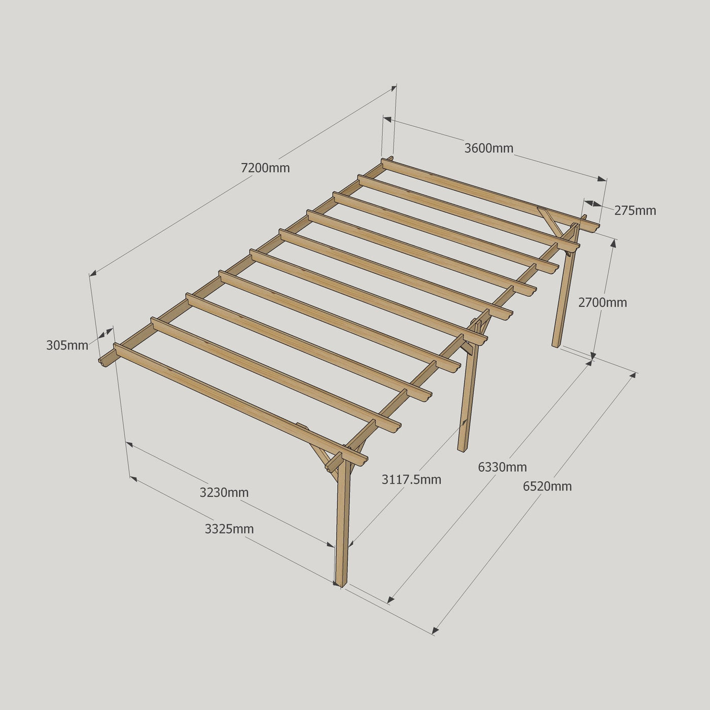 Wall Mounted Garden Pergola - Rustic Brown - 3.6m Depth x 7.2m Length - image 12