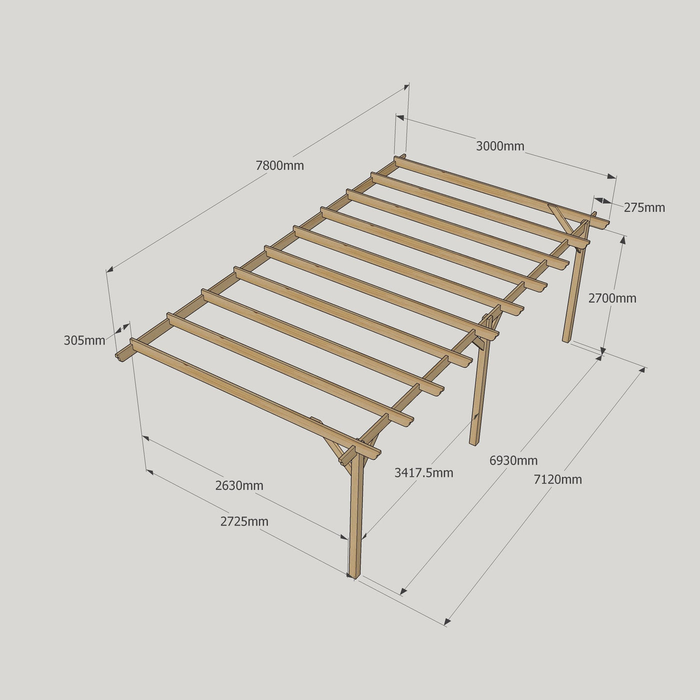 Wall Mounted Garden Pergola - Rustic Brown - 3m Depth x 7.8m Length - image 12