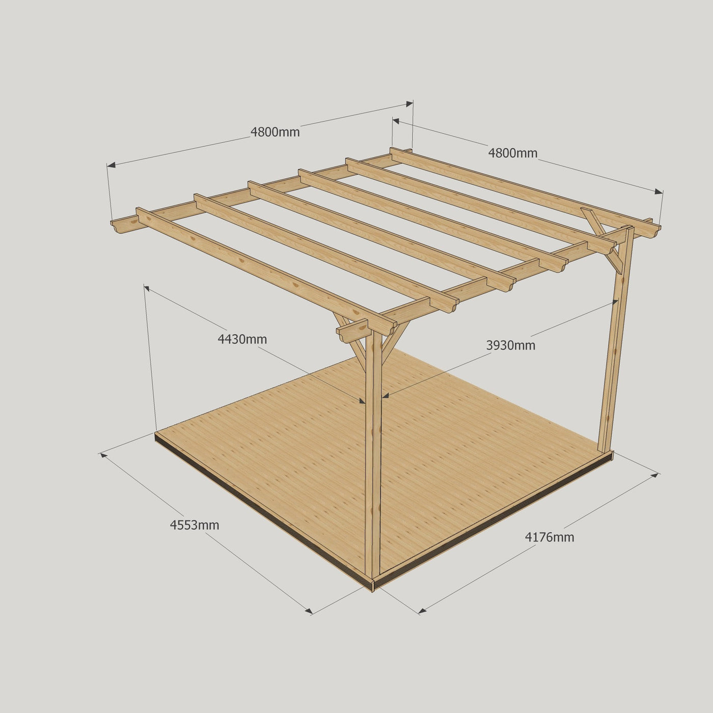 Wall Mounted Garden Pergola with Decking - Rustic Brown - 4.8m Depth x 4.8m Length - image 15
