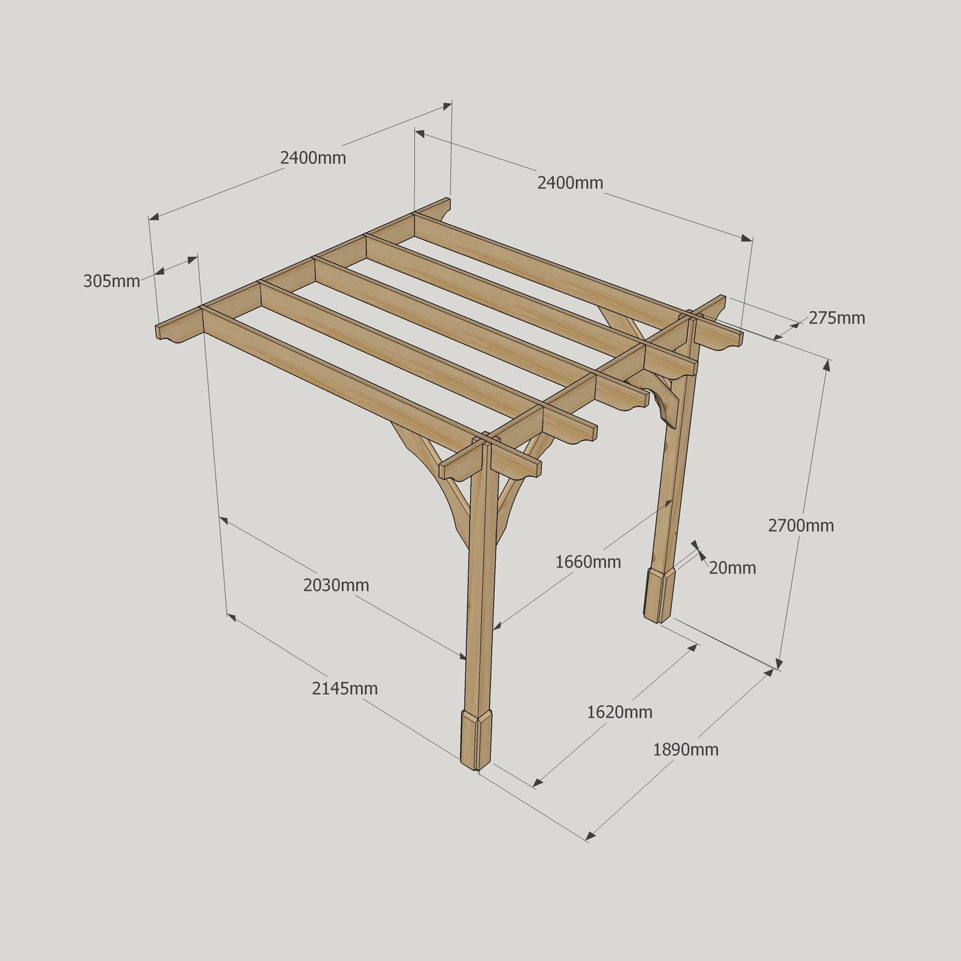 Wall Mounted Premium Pergola - Rustic Brown - 2.4m Depth x 2.4m Length - image 13