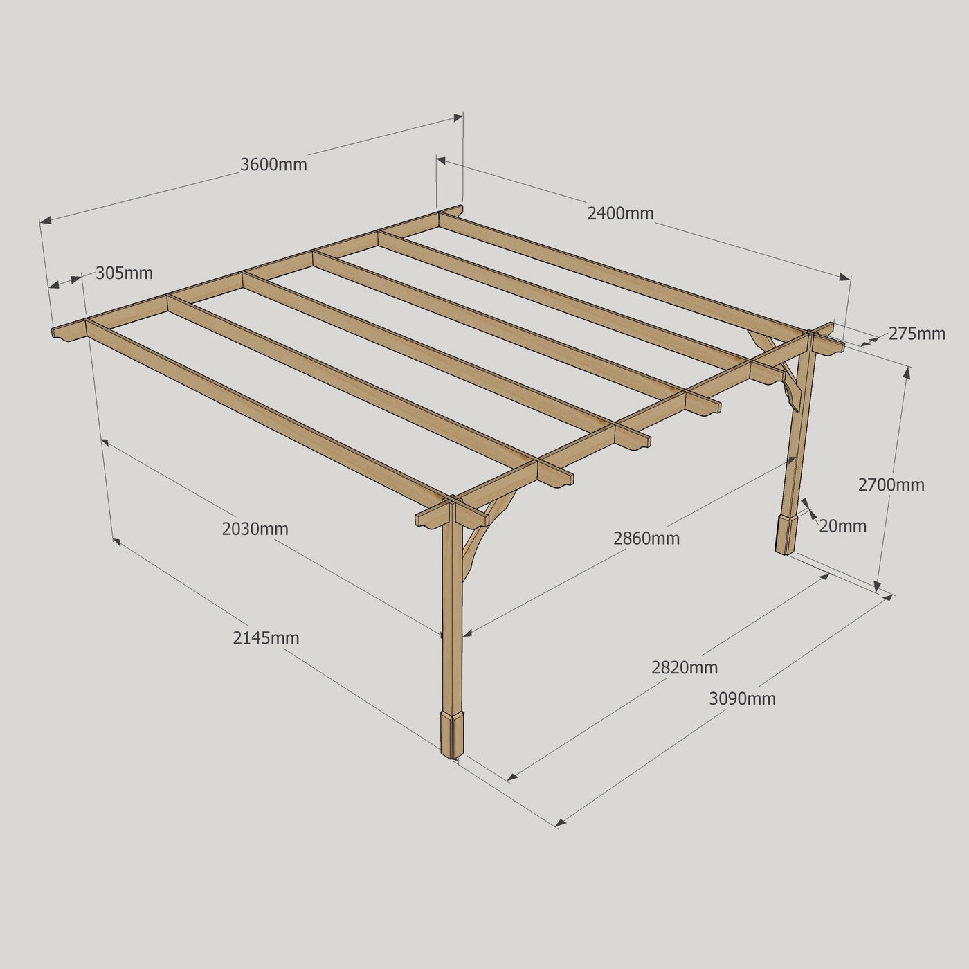 Wall Mounted Premium Pergola - Rustic Brown - 2.4m Depth x 3.6m Length - image 13