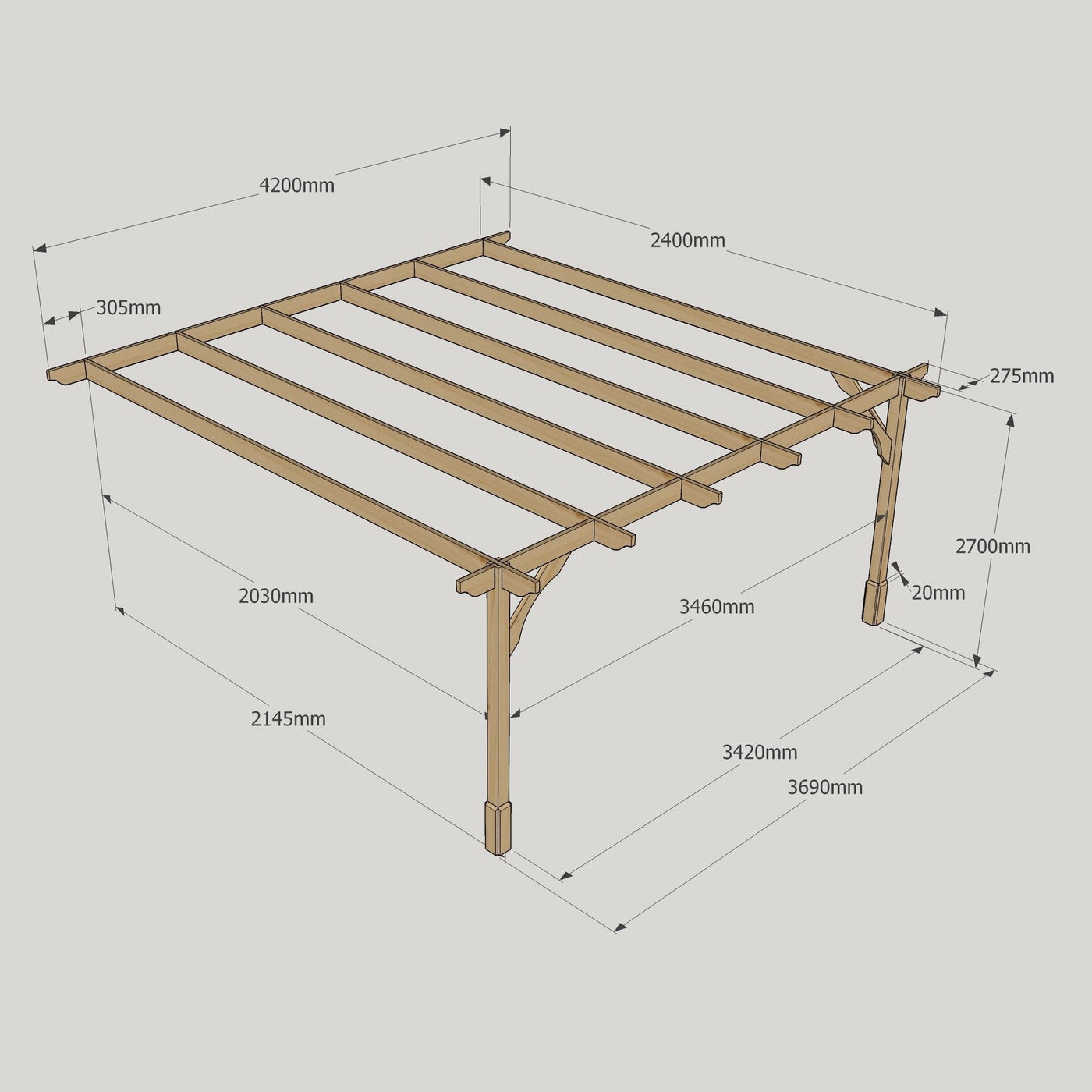 Wall Mounted Premium Pergola - Rustic Brown - 2.4m Depth x 4.2m Length - image 13
