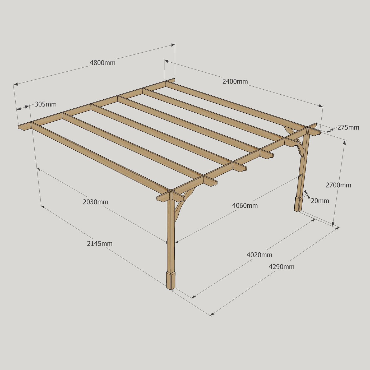 Wall Mounted Premium Pergola - Rustic Brown - 2.4m Depth x 4.8m Length - image 14