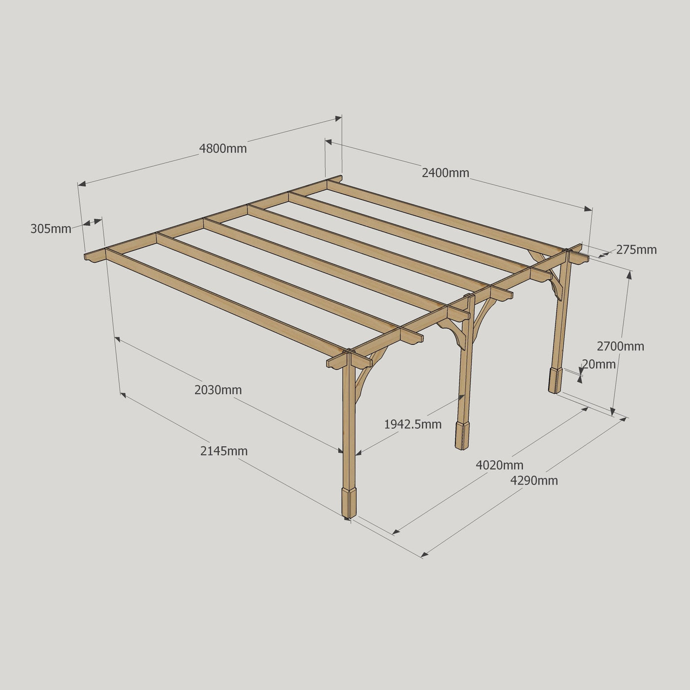 Wall Mounted Premium Pergola - Rustic Brown - 2.4m Depth x 4.8m Length - image 13