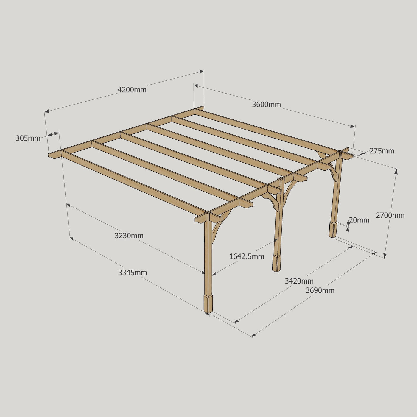 Wall Mounted Premium Pergola - Rustic Brown - 3.6m Depth x 4.2m Length - image 14