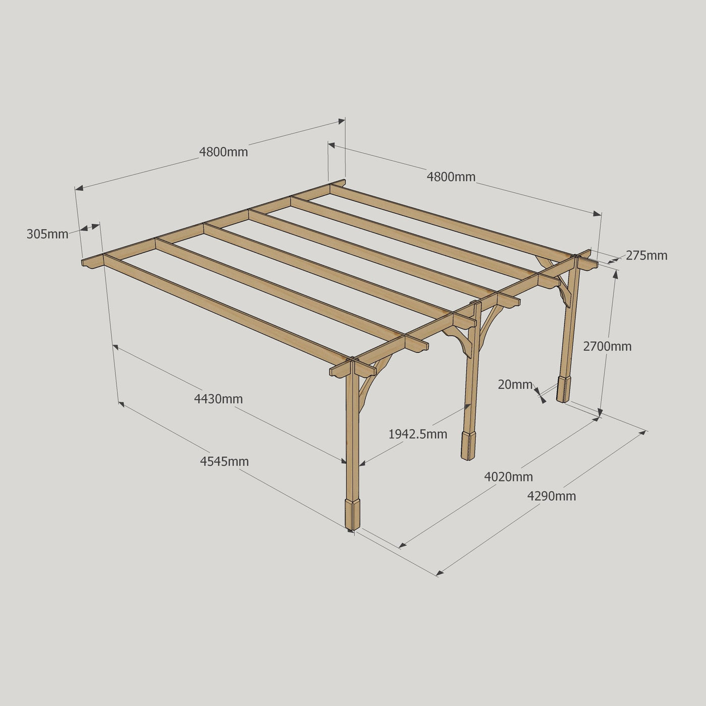 Wall Mounted Premium Pergola - Rustic Brown - 4.8m Depth x 4.8m Length - image 14