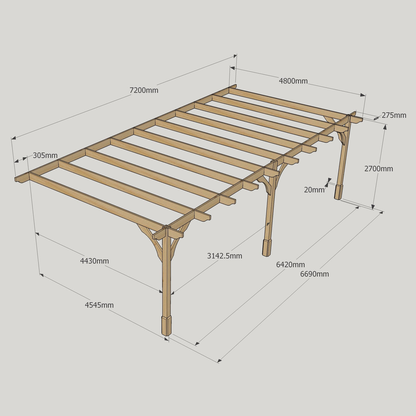 Wall Mounted Premium Pergola - Rustic Brown - 4.8m Depth x 7.2m Length - image 13
