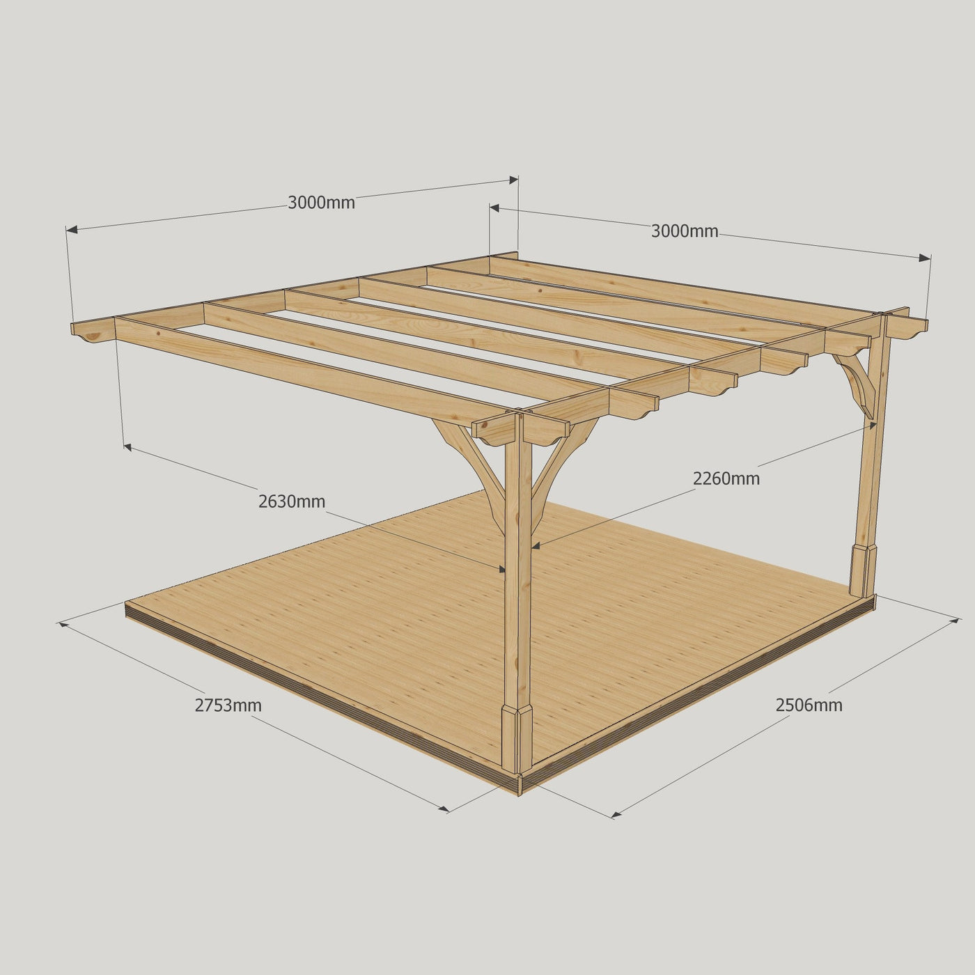 Wall Mounted Premium Pergola with Decking - Rustic Brown - 3m Depth x 3m Length - image 11