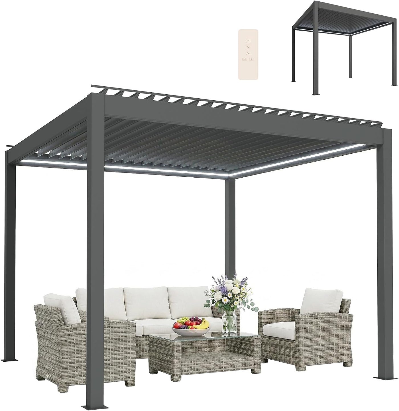 3 X 3(M) Electric Louvered Pergola with LED Lights, Aluminium Pergola Hardtop Gazebo with Remote, Adjustable Roof and Drainage System, Water and UV Proof