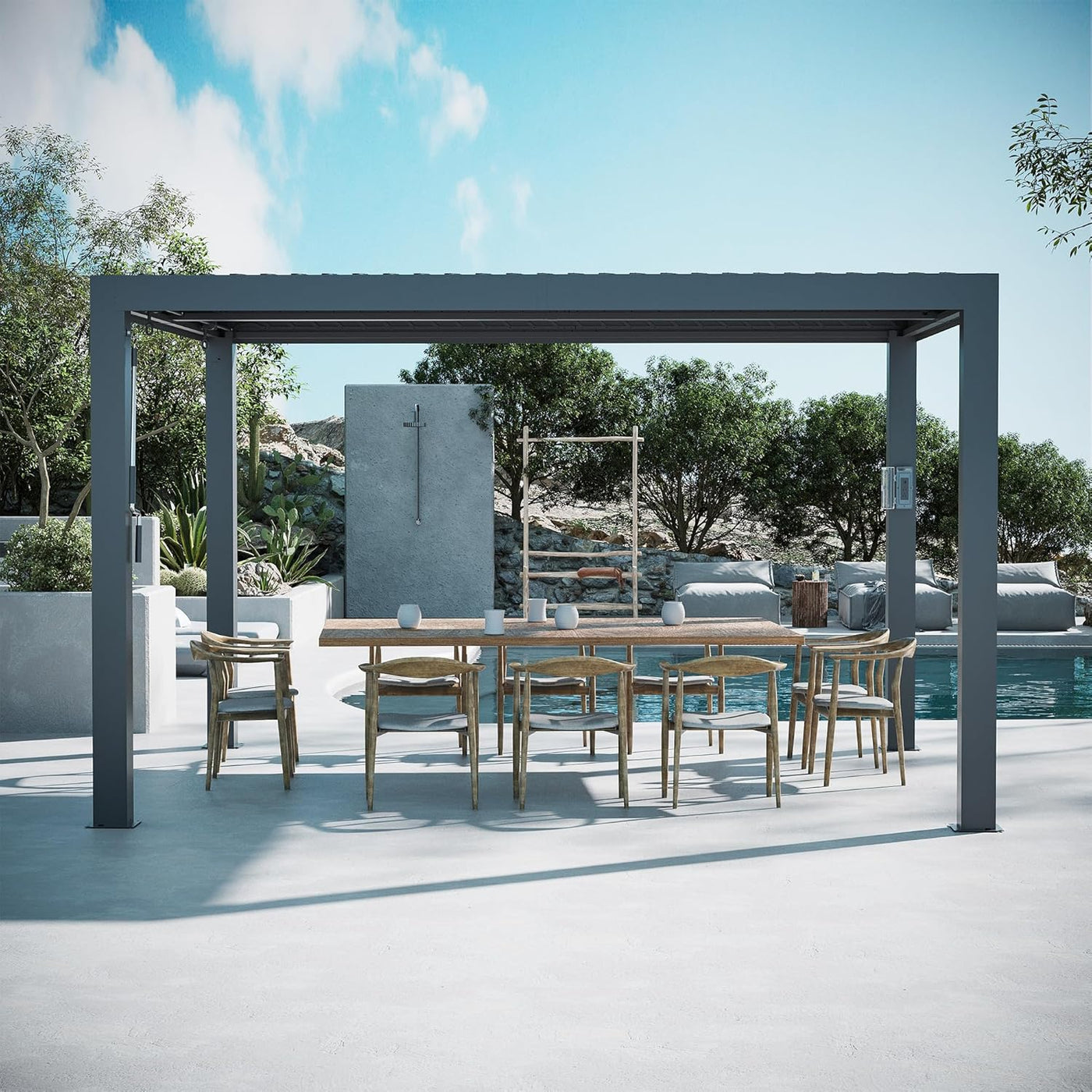 Modern Shade Louvered Pergola 3 X 3.6M with USB Charging Port Deck, Outdoor Pergola with Adjustable Waterproof Roof & Integrated Drainage, Reinforced Frame for Patio Deck Garden, Easy Assembly, Black