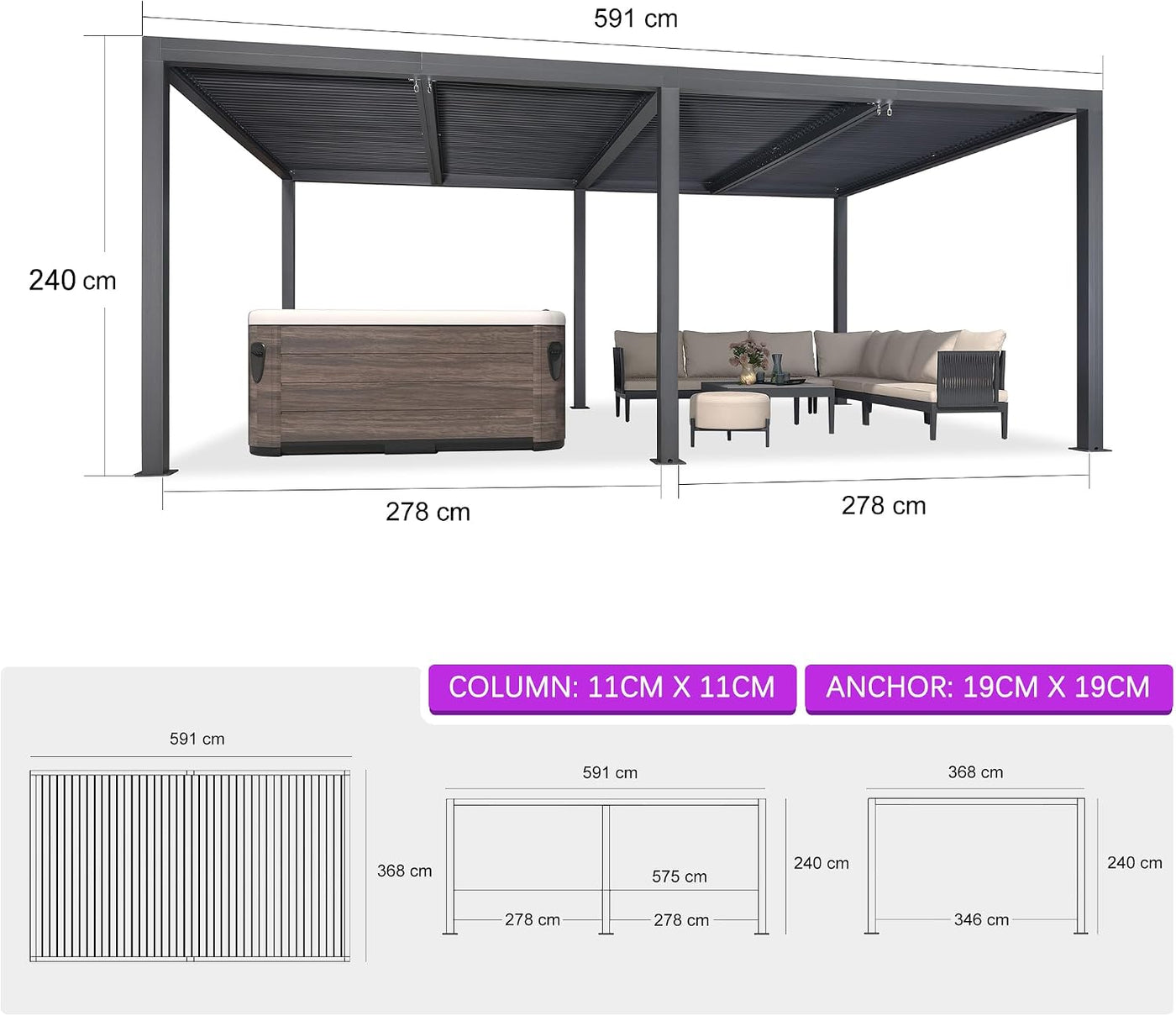 3.65 X 6.1 M Louvered Pergola Outdoor with 90-Degree Adjustable Louvered Roof for Deck Backyard Garden Patio Pergola