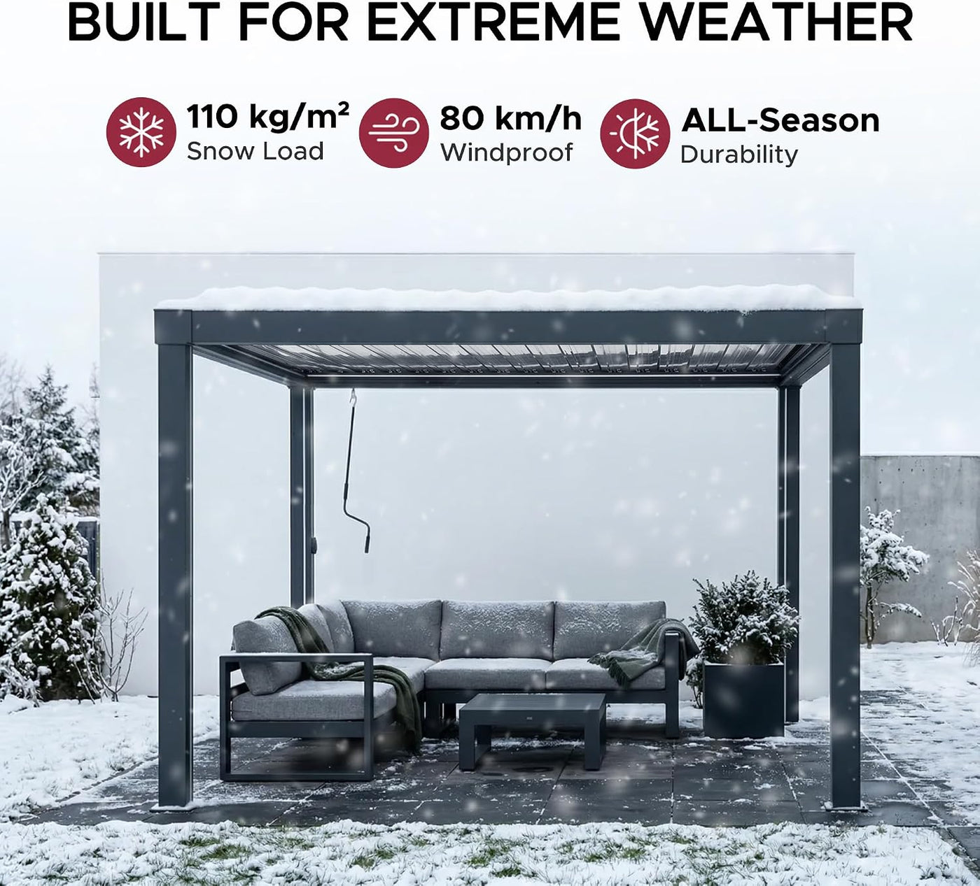 Louvred Pergola with Solar LED Lights, 3 X 3 M All-Weather Aluminium Hardtop Gazebo, Manual Crank Adjustable Roof, Integrated Drainage, Wind & Snow Resistant Outdoor Shelter