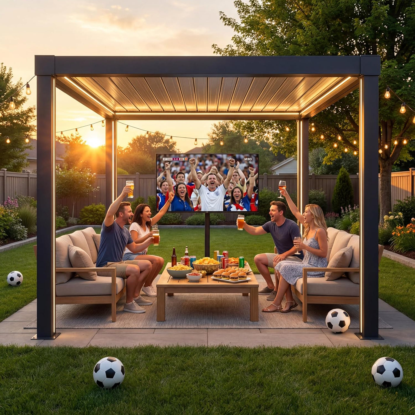 Louvred Pergola with Solar LED Lights, 3 X 3 M All-Weather Aluminium Hardtop Gazebo, Manual Crank Adjustable Roof, Integrated Drainage, Wind & Snow Resistant Outdoor Shelter