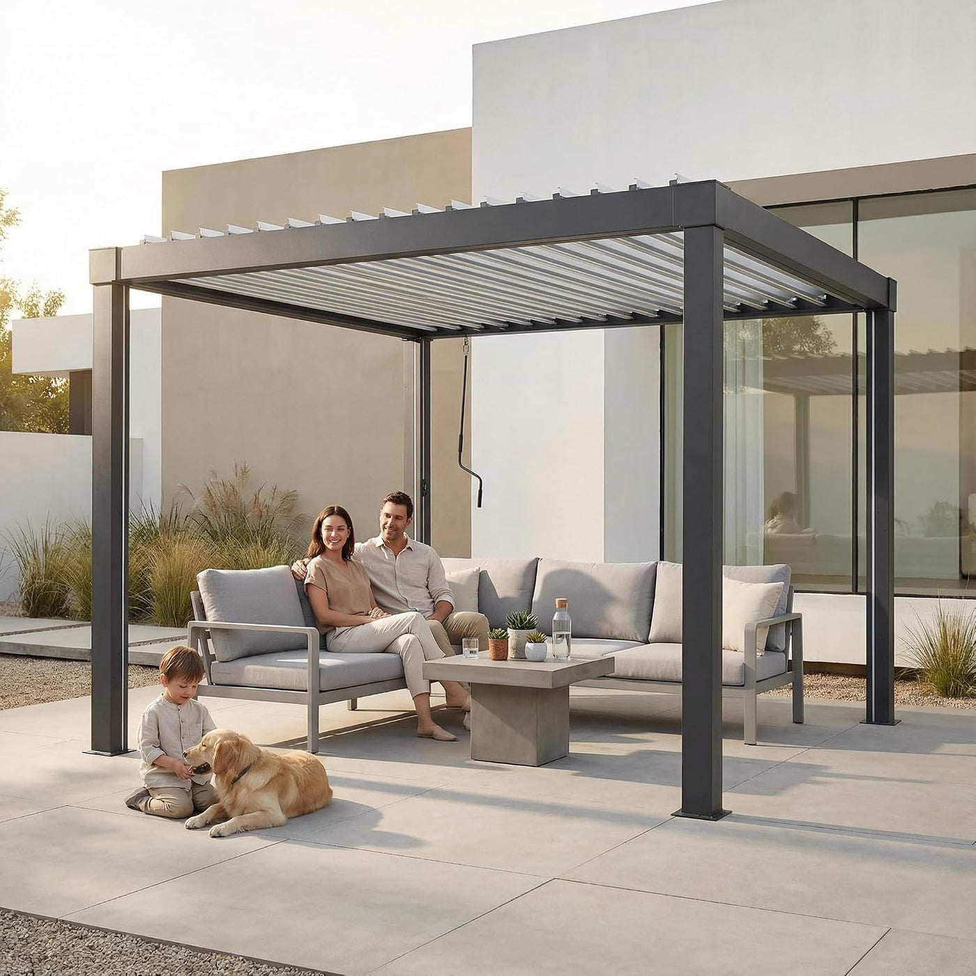 Louvred Pergola with Solar LED Lights, 3 X 3 M All-Weather Aluminium Hardtop Gazebo, Manual Crank Adjustable Roof, Integrated Drainage, Wind & Snow Resistant Outdoor Shelter
