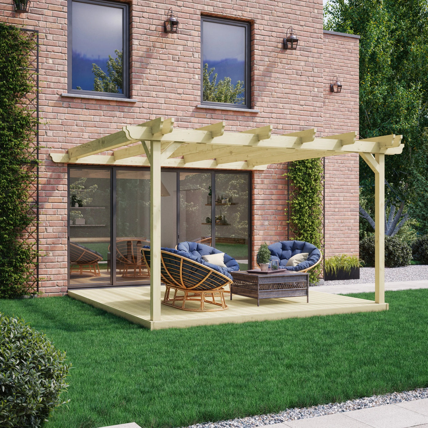 Wall Mounted Double Garden Pergola with Decking - Light Green - 4.8M Depth X 4.8M Length