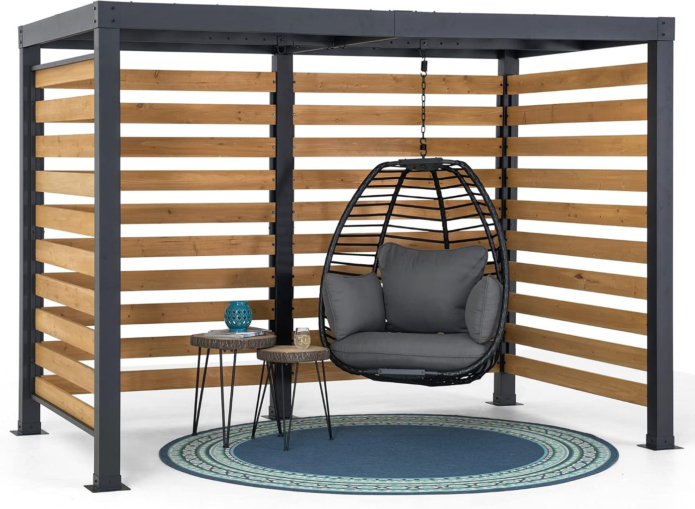 Cedar Wood Pergola with Steel Frame, 191X313Cm Garden Shelter, Wind & Weather-Resistant Outdoor Gazebo, Double Hooks for Hanging Egg Chairs & Swings