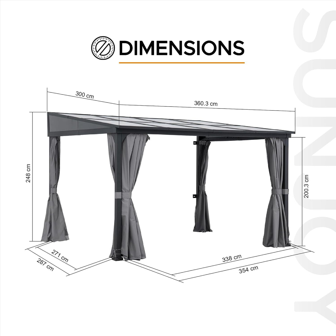 3X3.6M Wall Mounted Gazebo with Curtains & Netting, Thicker 8Cm Posts, Metal Frame, Waterproof Polycarbonate Roof, Lean to Shelter Pergola, Outdoor for Garden Patio Porch