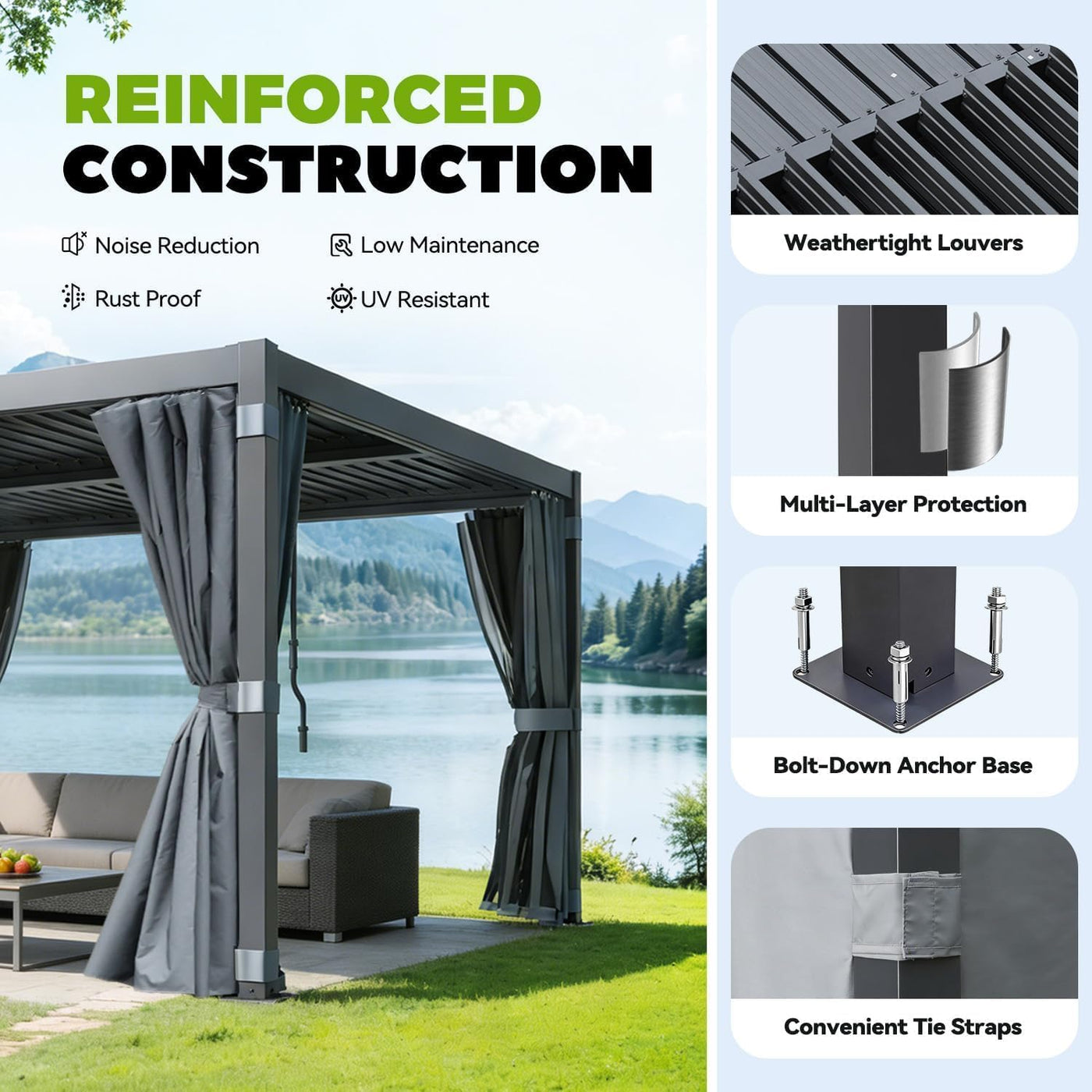 Louvered Pergola 3 X 3M, Aluminum Pergola with Adjustable Louvered Roofs, Outdoor Gazebo with Waterproof Curtains and Nets, Black