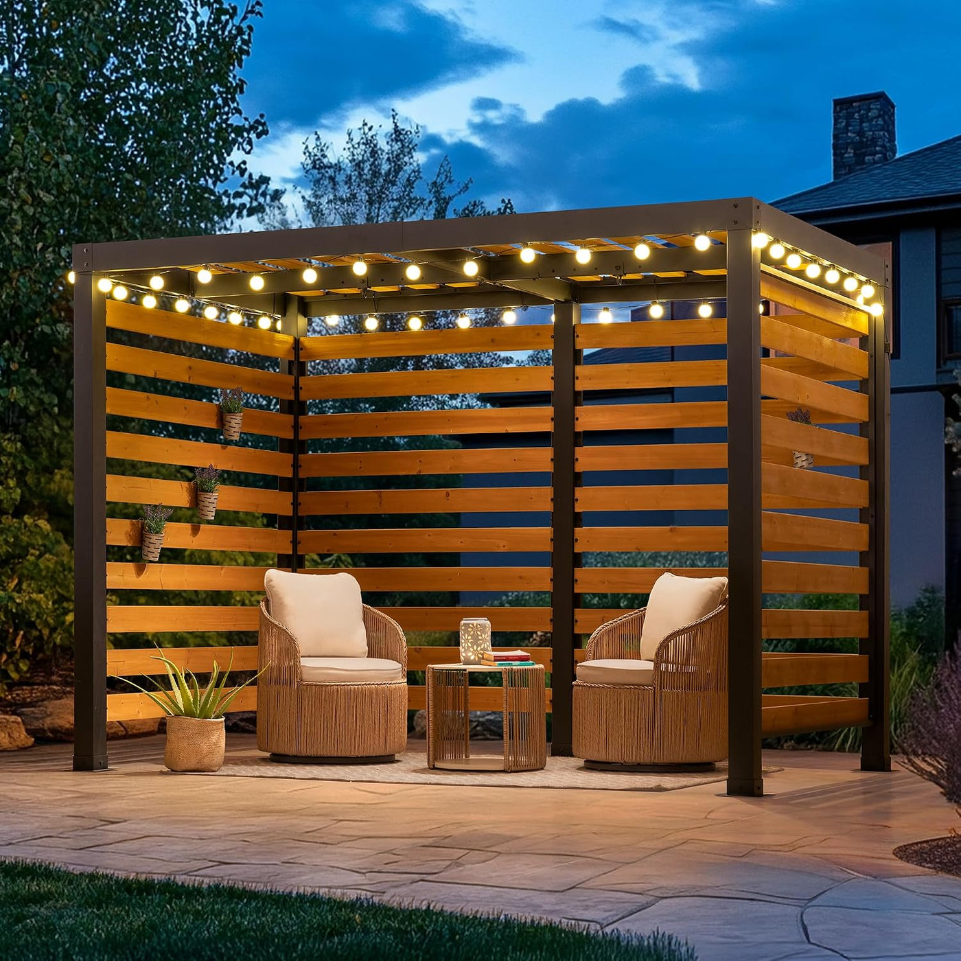 Cedar Wood Pergola with Steel Frame, 191X313Cm Garden Shelter, Wind & Weather-Resistant Outdoor Gazebo, Double Hooks for Hanging Egg Chairs & Swings