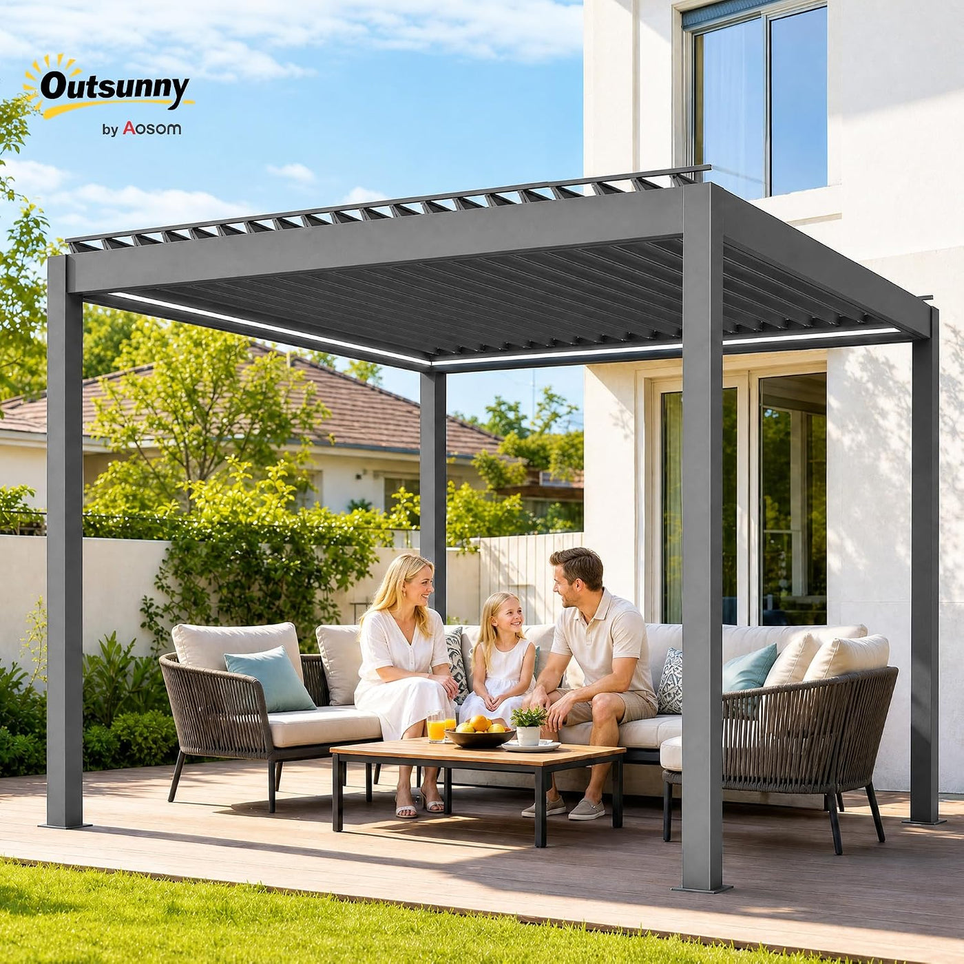 3 X 3(M) Electric Louvered Pergola with LED Lights, Aluminium Pergola Hardtop Gazebo with Remote, Adjustable Roof and Drainage System, Water and UV Proof