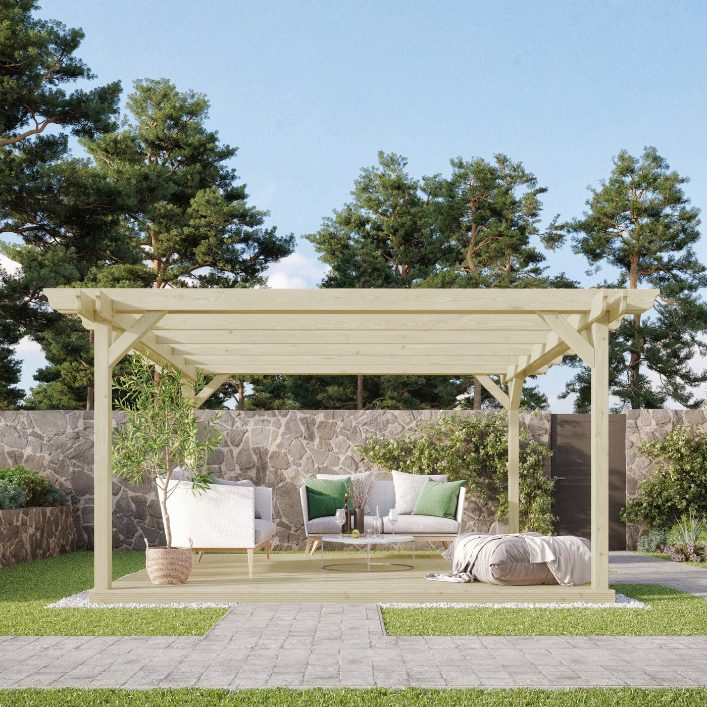 Freestanding Double Garden Pergola with Decking - Light Green - 3.6m Width x 3.6m Length - image 7