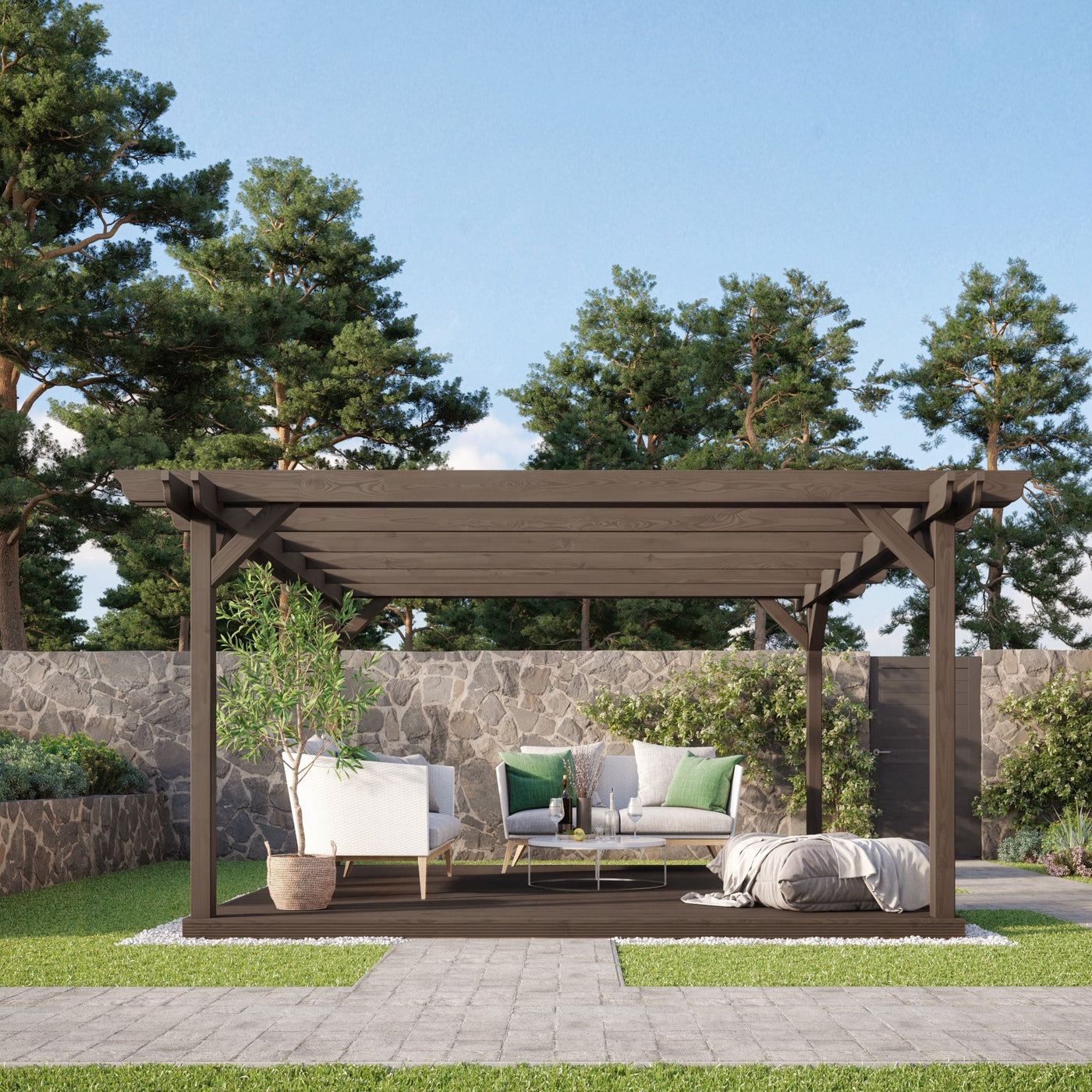 Freestanding Double Garden Pergola with Decking - Rustic Brown - 4.8m Width x 4.8m Length - image 3