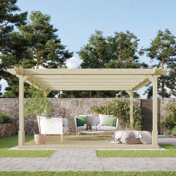 Freestanding Double Premium Pergola with Decking - Light Green - 3m Width x 3m Length