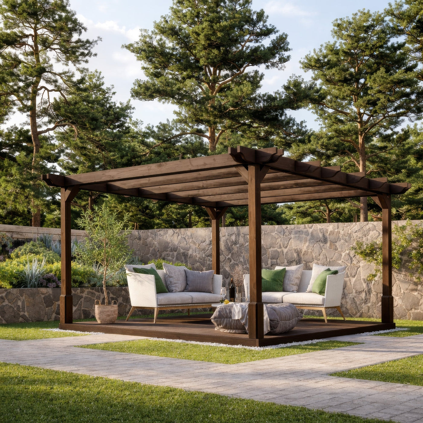 Freestanding Double Premium Pergola with Decking - Rustic Brown - 3.6m Width x 3.6m Length - image 1