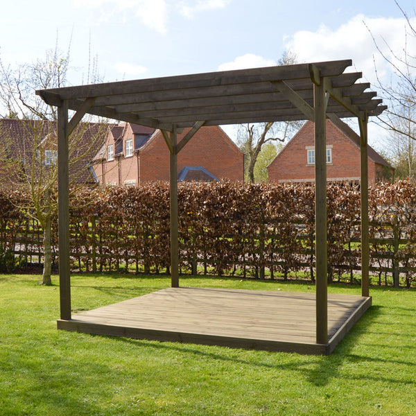 Freestanding Garden Pergola with Decking - Rustic Brown - 3.6m Width x 3.6m Length