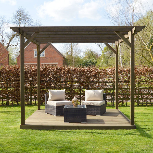 Freestanding Garden Pergola with Decking - Rustic Brown - 4.2m Width x 4.2m Length