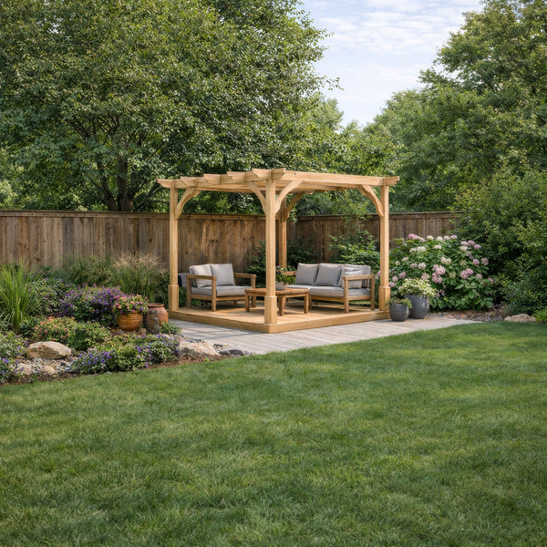 Freestanding Premium Pergola with Decking - Light Green - 4.2m Width x 4.2m Length