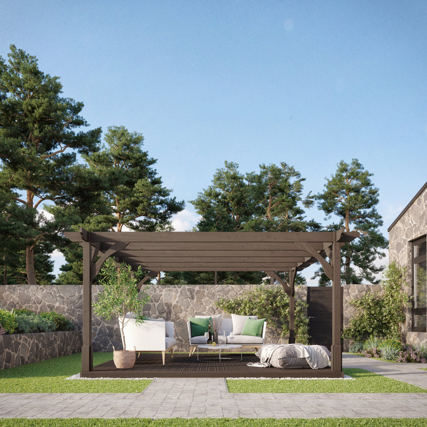 Freestanding Premium Pergola with Decking - Rustic Brown - 3.6m Width x 3.6m Length - image 1