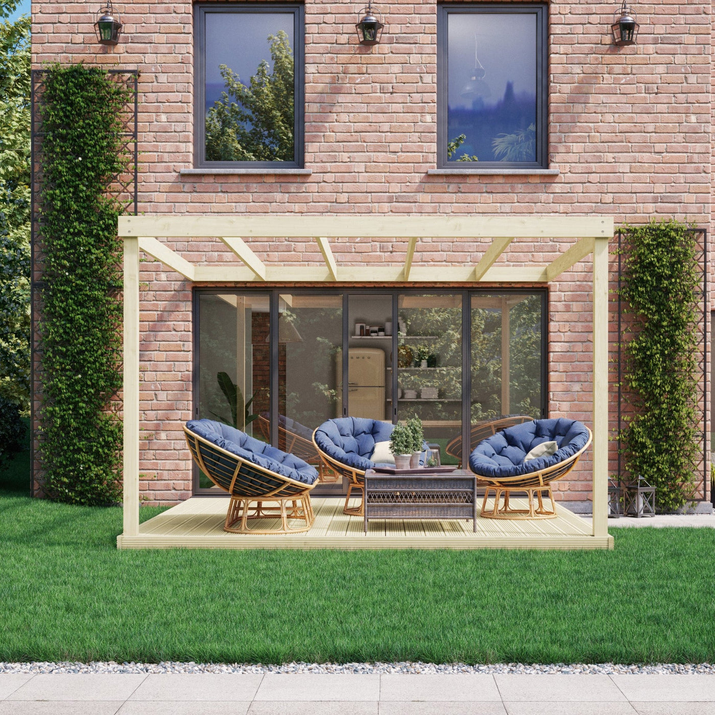 Wall Mounted Box Pergola with Decking - Light Green - 3m Depth x 3m Length - image 3
