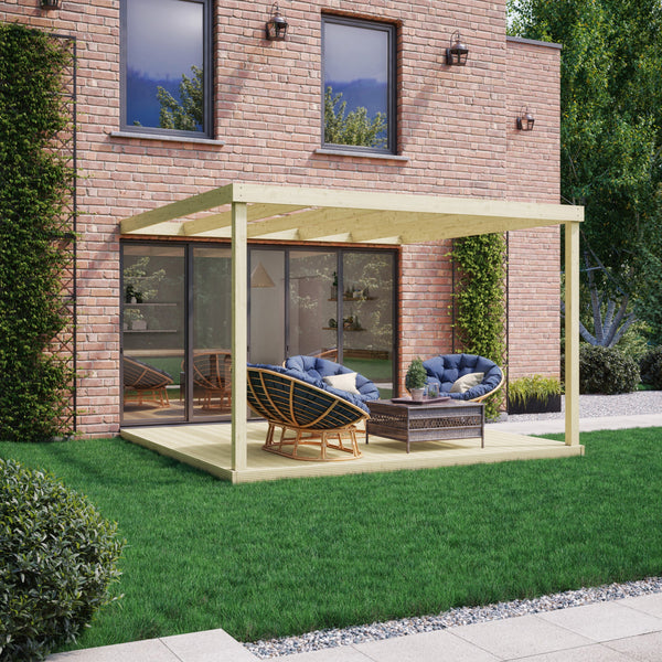 Wall Mounted Box Pergola with Decking - Light Green - 4.8m Depth x 4.8m Length