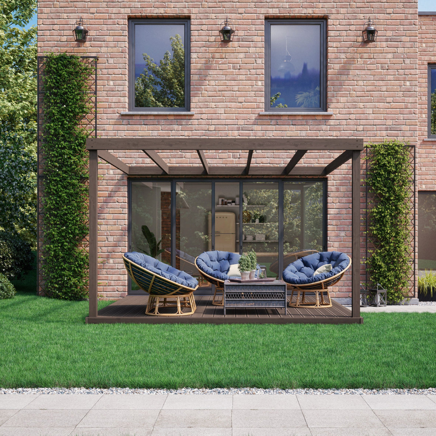 Wall Mounted Box Pergola with Decking - Rustic Brown - 4.8m Depth x 4.8m Length - image 3