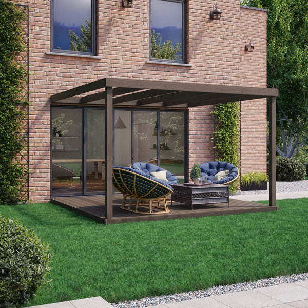 Wall Mounted Box Pergola with Decking - Rustic Brown - 3m Depth x 3m Length