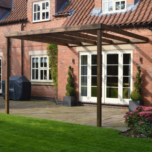 Wall Mounted Box Pergola - Rustic Brown - 4.8m Depth x 6.6m Length
