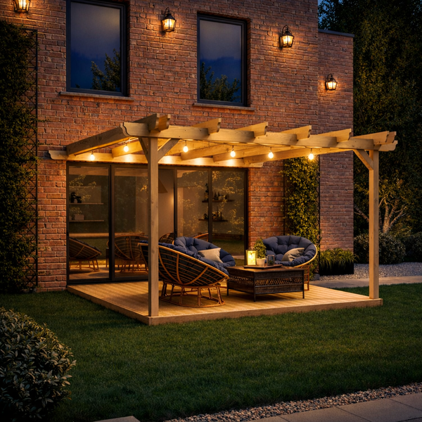 Wall Mounted Double Garden Pergola with Decking - Light Green - 3m Depth x 3m Length