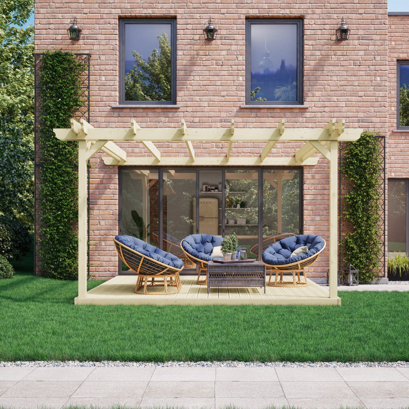 Wall Mounted Double Garden Pergola with Decking - Light Green - 3.6m Depth x 3.6m Length - image 4