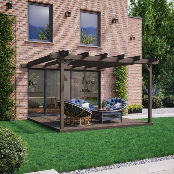 Wall Mounted Double Garden Pergola with Decking - Rustic Brown - 4.2M Depth X 4.2M Length