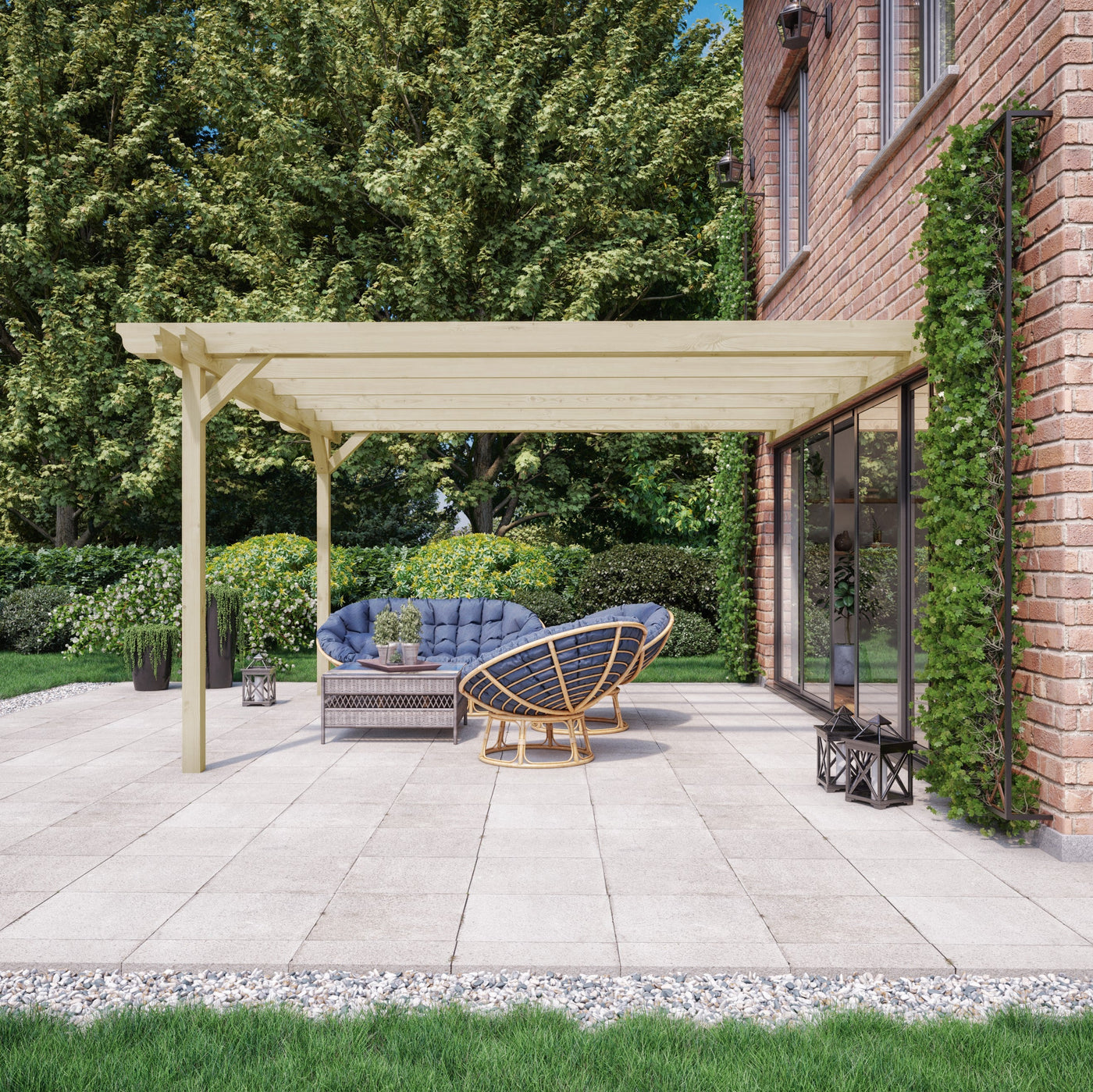 Wall Mounted Double Garden Pergola - Light Green - 1.8m Depth x 6m Length - image 1