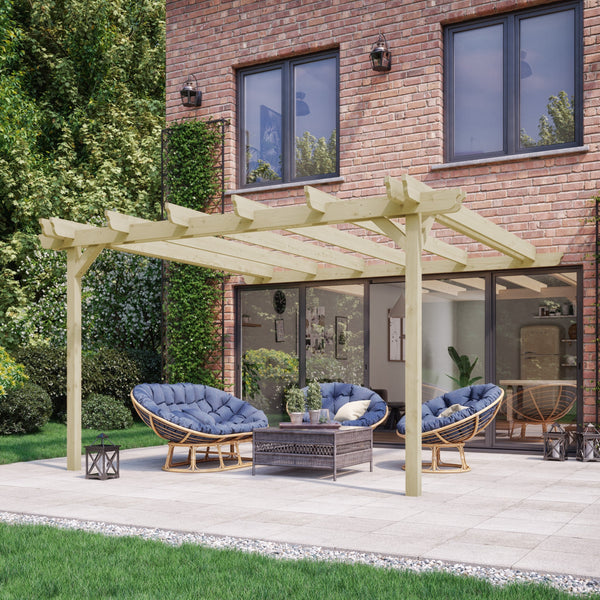 Wall Mounted Double Garden Pergola - Light Green - 4.8m Depth x 7.8m Length