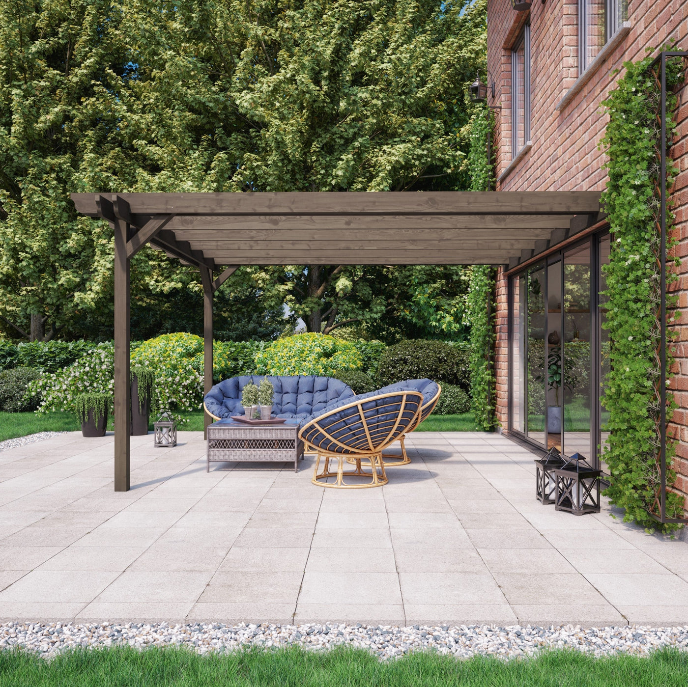 Wall Mounted Double Garden Pergola - Rustic Brown - 3m Depth x 7.8m Length - image 3