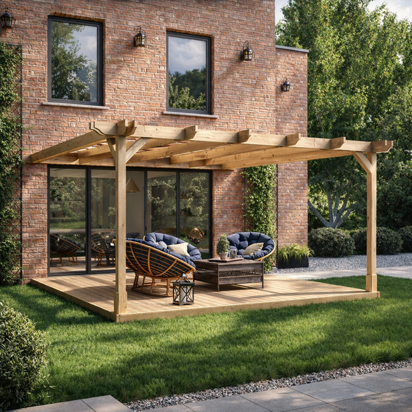 Wall Mounted Double Premium Pergola with Decking - Light Green - 4.2m Depth x 4.2m Length
